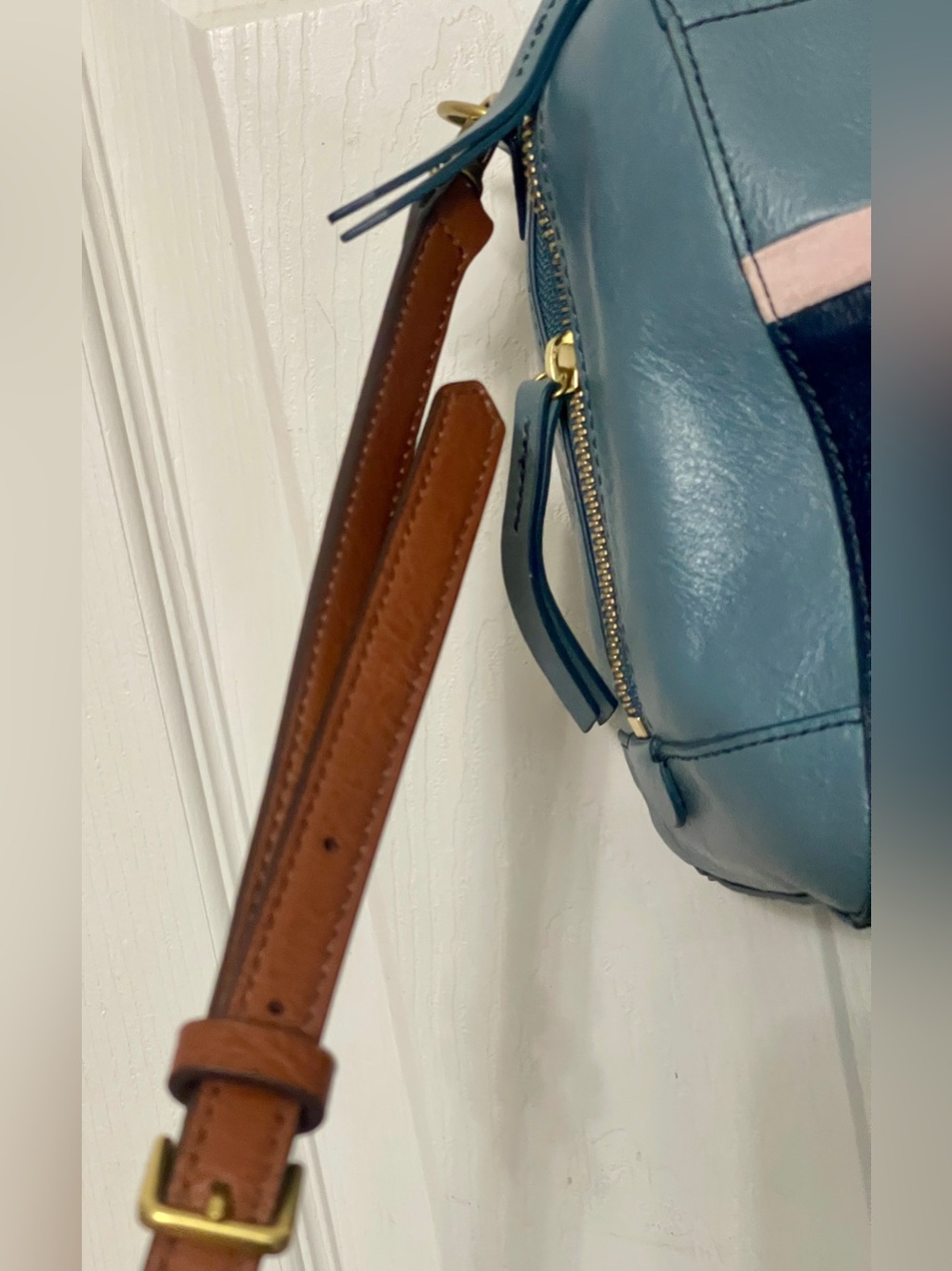 FOSSIL RACHEL 2-Tone Twilight Blue Leather Convertible Satchel Crossbody Bag - Picture 8 of 16